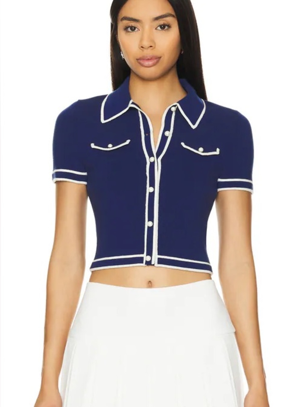 NWOT Alice + Olivia Blue Indigo & Ecru Marlena Wool Polo Top, Size S